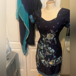 Custom made navy blue suit with heavy embroidery